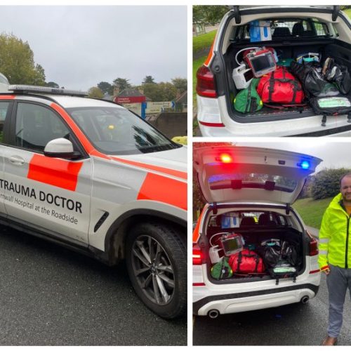 Trauma response car picture collage showing the car from the drivers side, the car from the rear with boot open and equipment carried, and the car from the rear with the boot open and emergency lights on with a trauma response employee standing beside.