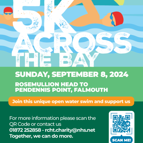 The 5K Across the Bay event poster, including information that the event will take place on Sunday 8th September 2024, from Rosemullion Head to Pendennis Point, Falmouth.