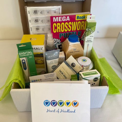 Box containing items that are useful for cancer patients (box of kindness)