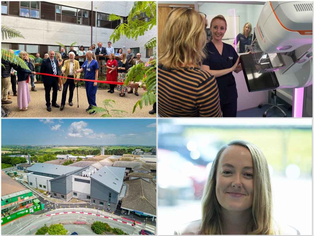 A collage of photos showing clockwise, the ribbon cutting ceremony for the Critical Care Healing Garden, a new mammography scanner in the Mermaid Centre, Bethan Andrew, and the new Trelawny Scanning Suite and Lowen Ward.