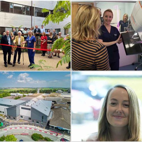 A collage of photos showing clockwise, the ribbon cutting ceremony for the Critical Care Healing Garden, a new mammography scanner in the Mermaid Centre, Bethan Andrew, and the new Trelawny Scanning Suite and Lowen Ward.