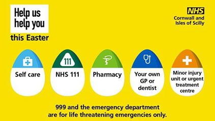 A graphic showing the different pathways of care available to patients this Easter. These are self-care, NHS 111, pharmacy, your own GP or dentist and minor injury unit or urgent treatment centre. 999 and the emergency department are for life-threatening emergencies only.